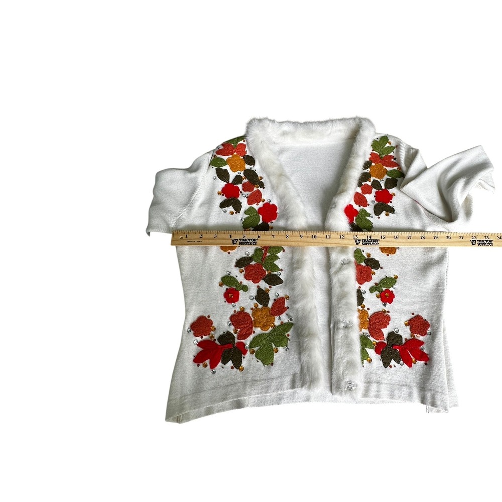 Fall Leaf Embellished Cardigan Jacket Faux Fur‎ Trim Appliqué Beaded Ivory M-L - Picture 7 of 16